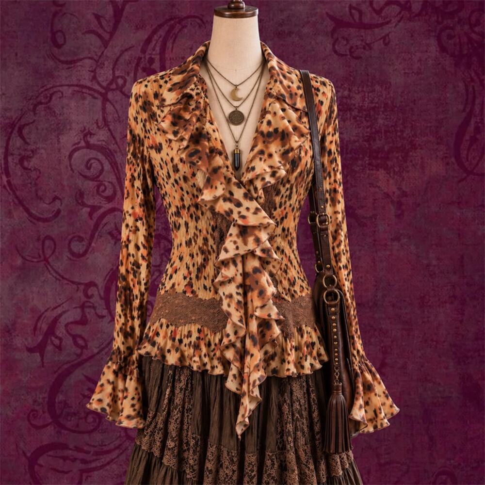 Leopard Ruffle Blouse M Romantic Boho Bell Sleeve Lace Top